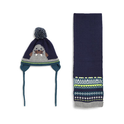 Boys Dark Blue Knitted Hat with Scarf